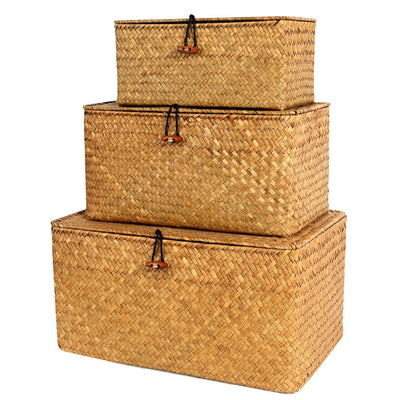 Wicker Seagrass Baskets with Lids Set of 3 for Home Decor Rectangular Storage Baskets