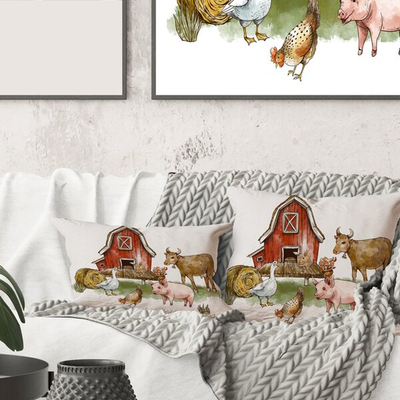 Rectangle,Farm House with Goose Chicken Cow Pig and Haystack - Rustic Printed Throw Pillow